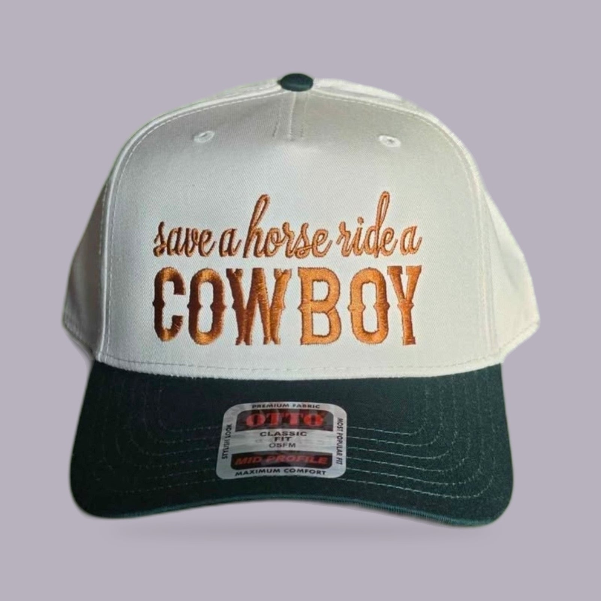 Save a Horse Ride a Cowboy Embroidered Hat — product view on grey-purple background