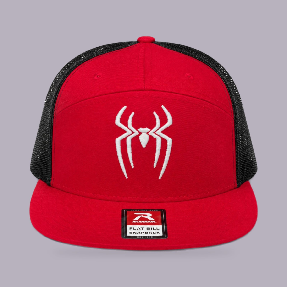 3D Puff Spider Embroidered Flat Bill Snapback — product view on grey-purple background