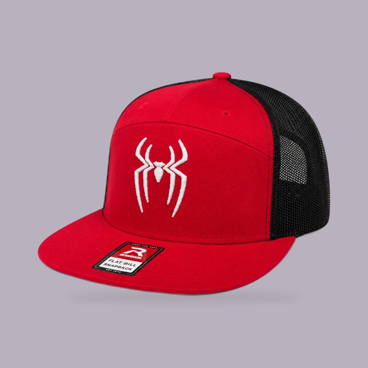 3D Puff Spider Embroidered Flat Bill Snapback — product view on grey-purple background