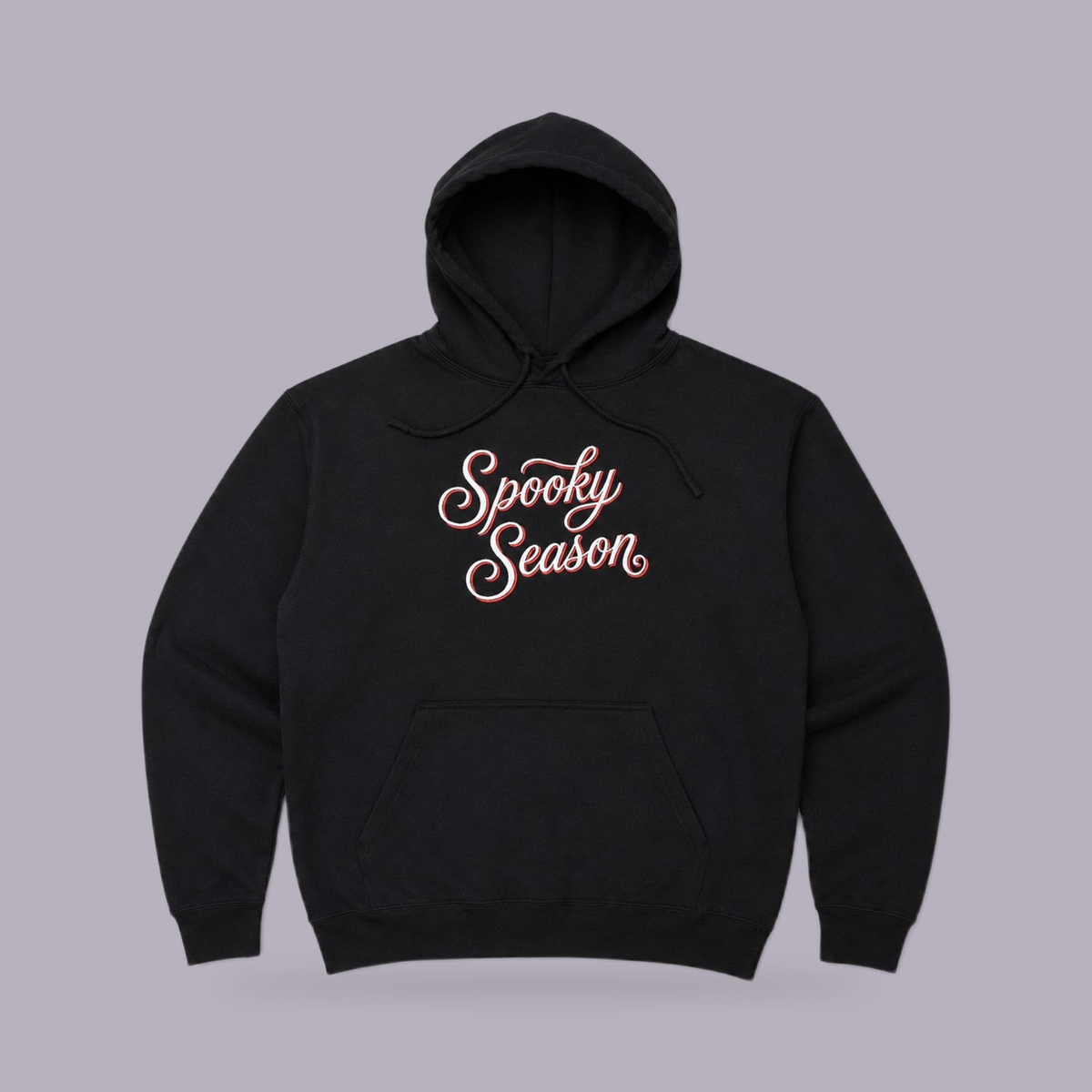 Spooky Season Embroidered Hoodie — Black — product view on grey-purple background