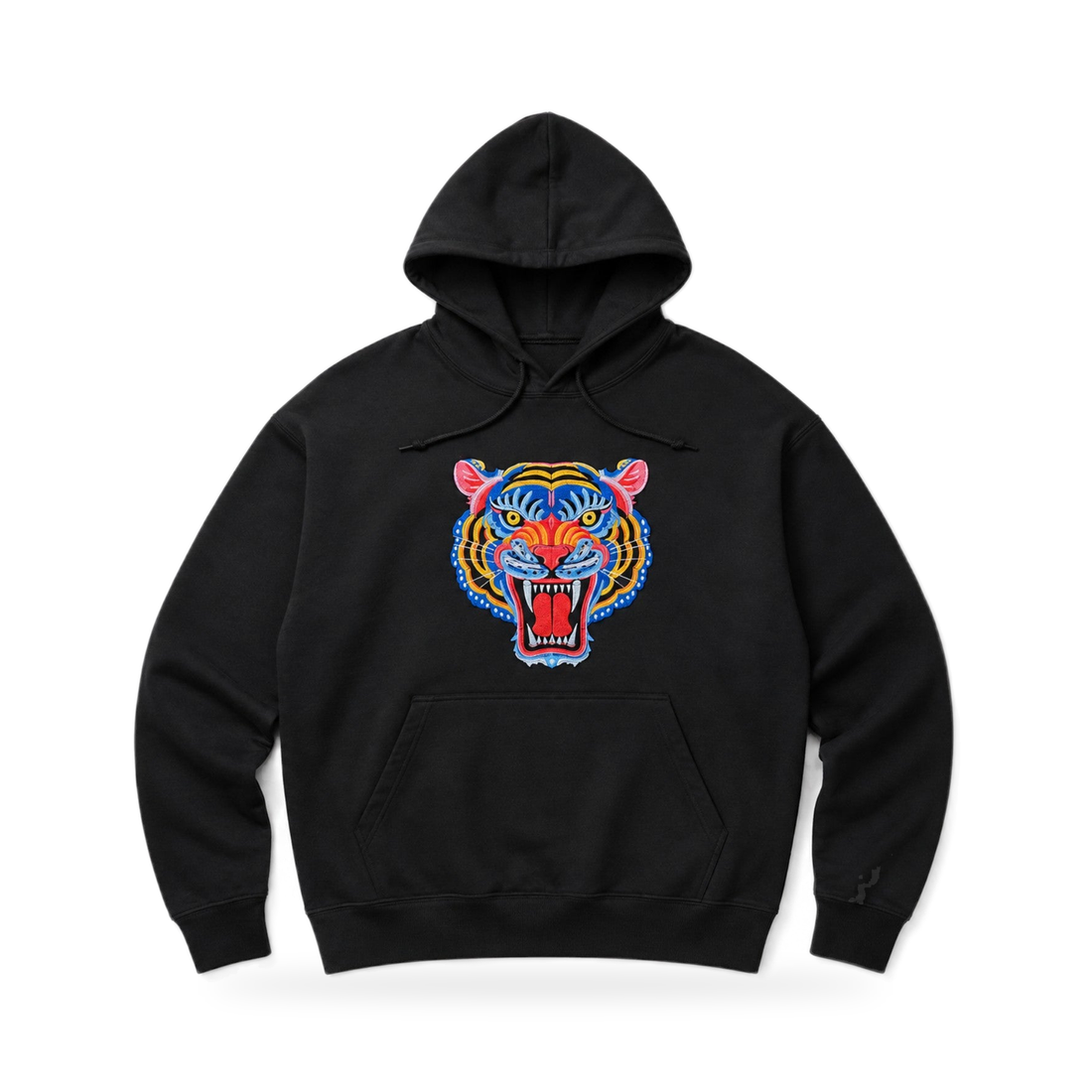 Tiger Embroidered Hoodie — Black — product view on white background