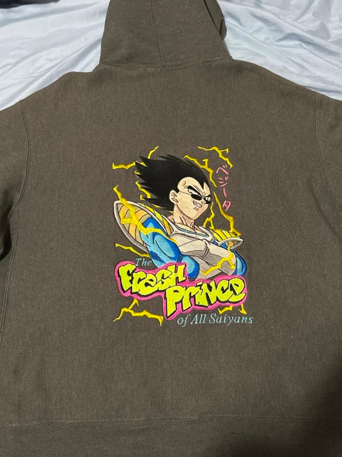 Talal Thabet’s custom hoodie with colourful Vegeta embroidery, photographed 19 months after purchase